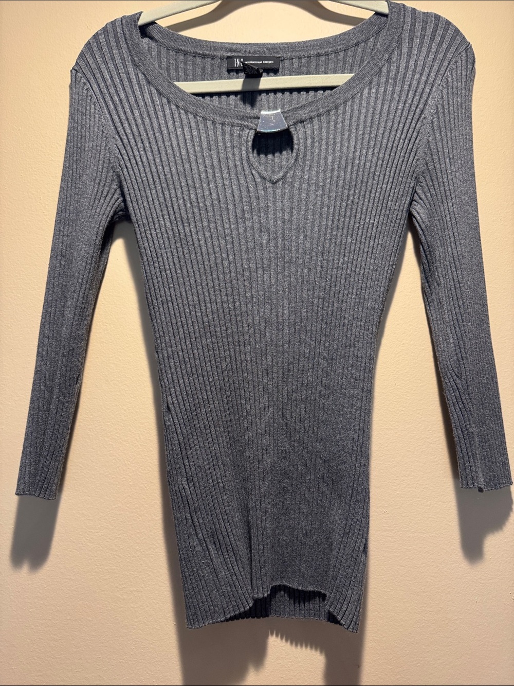 INC International Concepts Charcoal Ribbed Keyhole Crewneck Sweater